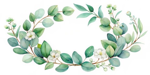 Obraz premium Watercolor Eucalyptus Wreath with Delicate White Flowers, watercolor, floral wreath, botanical illustration, greenery, floral design, frame