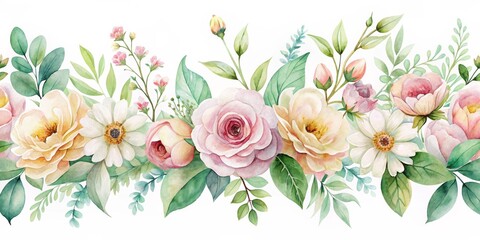 Watercolor Floral Border with Roses, Greenery and Delicate Blooms, Seamless Pattern, Floral Design, Wedding, Invitation, Border