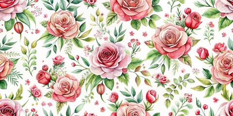 Watercolor Pink and Red Roses Seamless Pattern, White Background, Floral, Botanical, Design, Rose, Watercolor