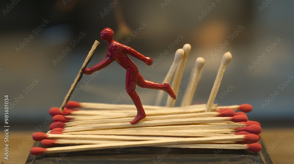 Wall mural arrangement of matchsticks depicting a figure running while carrying a stick