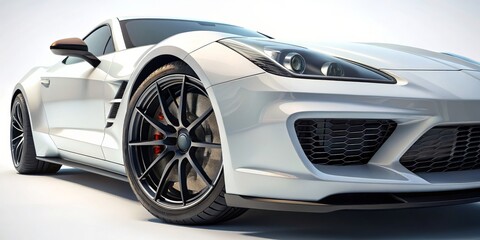 White Sport Car Close Up - Side View, 3D Rendering, Front Wheel, Sports Car, Automotive, Design
