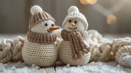 Obraz premium Two charming snowmen made of yarn and fabric sit close together, adorned with knitted hats and scarves. They create a warm and inviting winter atmosphere with soft lighting.