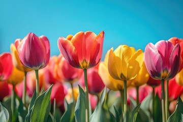 Vibrant Tulips in a Sunny Spring Meadow: A Natural Easter Backdrop Full of Colorful Blooms