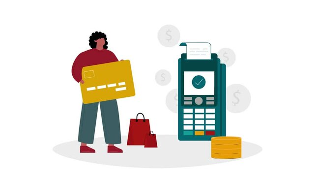 Cashback card animation, card machine. 2D style vector illustration. Man holding credit card, receiving cashback. HD