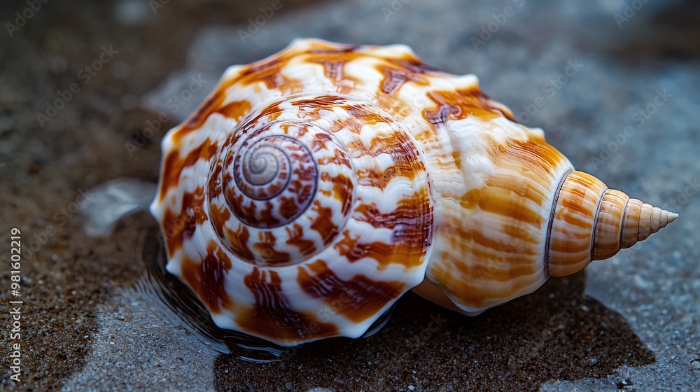 Poster a close-up of a seashell with intricate patterns, lying on wet sand.
