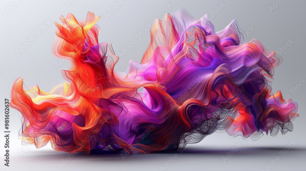 Poster dynamic waves of fabric in vibrant shades of red, purple, orange, and pink twist and flow together, 