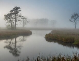 Fototapeta premium Foggy Morning Over Serene Marshlands, Reflecting the Mystique of Nature