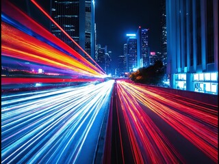 Fototapeta premium Colorful light trails capture the vibrant energy of city traffic at night in a bustling urban area