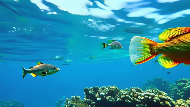 Tropical Fish Swimming in Clear Blue Ocean Water with Coral Reef in a Peaceful Marine Life Ecosystem Underwater Scene