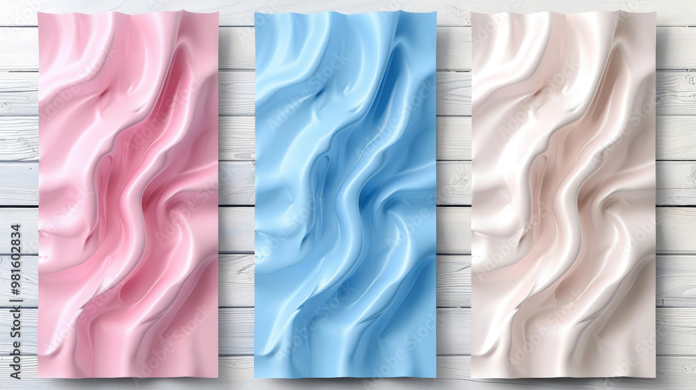 Poster three textured panels featuring flowing patterns in pink, blue, and cream tones are placed against a