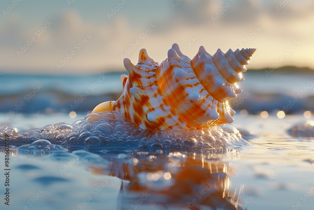 Poster a colorful seashell lies partially submerged in shallow water as gentle waves lap against the shore 