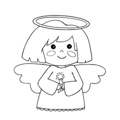 Line sketch, coloring cute christmas angel. Vector graphics.