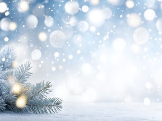 Winter wonderland featuring a snow-covered ground and soft blue background with glowing orbs of light and evergreen branches