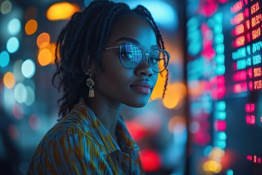 Nighttime Stock Market Analysis: African Female Broker Uses Tablet for Risk Management & Trading