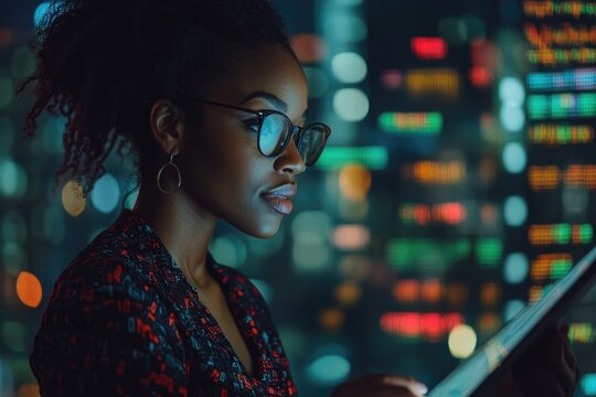 Nighttime Stock Market Analysis: African Female Broker Uses Tablet for Risk Management & Trading