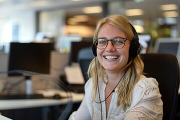 Fototapeta premium A woman wearing glasses and a headset is smiling at the camera, generative ai image