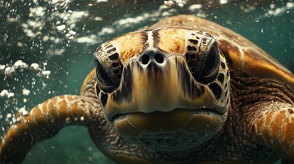 Fototapeta premium A close-up of a sea turtle swimming underwater with bubbles around it.
