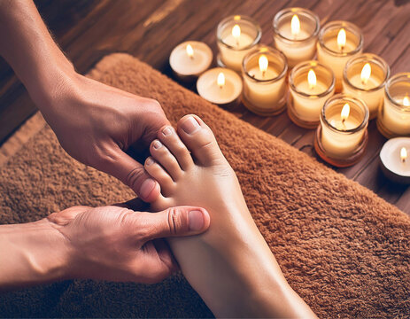 Close nas m&atilde;os de um profissional aplicando terapia nos p&eacute;s de uma paciente que est&aacute; deitada em uma maca, com velas acesas ao fundo.