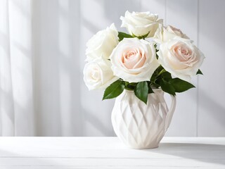 Obraz premium Elegant white roses in a textured vase on a bright table with soft shadows in the background