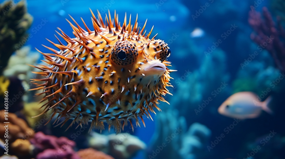 Wall mural a close-up of a pufferfish with its spines extended, swimming in a clear blue aquarium.