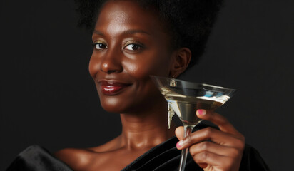 Glamorous black woman in sophisticated formal dress toasting with martini cocktail