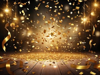 Golden confetti and ribbons raining down on a wooden stage during a festive celebration at night