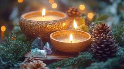 A serene winter solstice altar adorned with evergreen branches, lit candles, crystals, and intentions for renewal and reflection during the longest night of the year