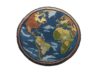 A colorful embroidered patch displays a detailed map of Earth, highlighting continents like North America, South America, Africa, and Europe against a blue ocean background