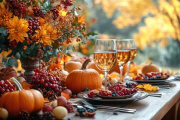 Thanksgiving Theme: Wooden Table Fall Decor with Copy Space for Festive and Rustic Celebrations