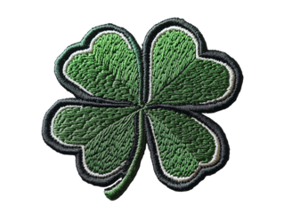 A detailed green embroidered four-leaf clover patch showcases vivid stitching, perfect for decorating clothing and accessories to symbolize good fortune