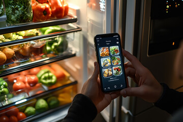 A person is using smartphone app to manage food items while standing in front of refrigerator filled with fresh vegetables. scene captures blend of technology and healthy eating, showcasing vibrant co