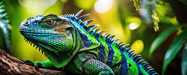 Fototapeta premium Colorful lizard resting on a branch surrounded by vibrant foliage in a lush tropical environment during daytime hours