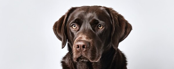 A close-up portrait of a brown Labrador Retriever against a light background showcasing its curious expression and attentive gaze