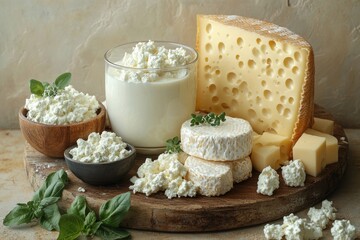 Delicious Dairy Delights: A Feast of Creamy Cheeses, Yogurts, and Fresh Milk on the Table
