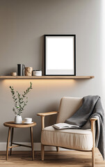 Minimalist, cozy living room corner with modern wooden furniture, armchair, potted plant and decorative empty transparent frame highlighting a calm and neutral-toned interior 