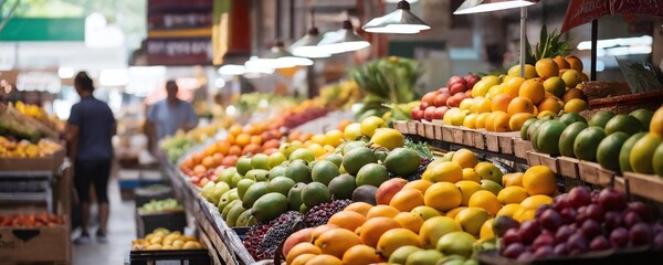 Obraz premium Colorful selection of fresh fruits displayed at a bustling market during daylight hours in a lively urban setting