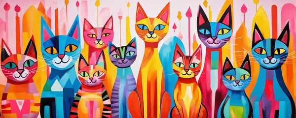 Colorful and vibrant collection of artistic cats arranged in a lively display with a bright backdrop showcasing creativity and playfulness