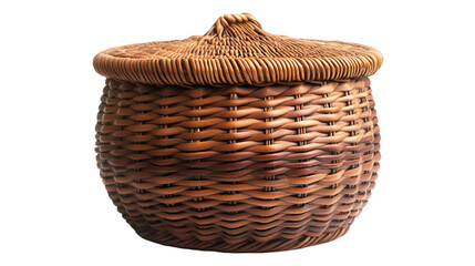 A closed wicker basket rests on a black background, showcasing its intricate weaving and natural texture.