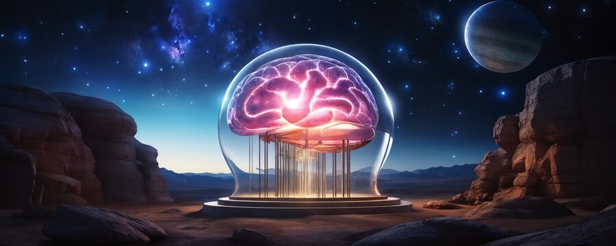 A surreal landscape featuring a glowing brain encased in a dome under a starry sky and distant planets at twilight