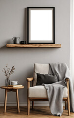 Minimalist, cozy living room corner with modern wooden furniture, armchair, potted plant and decorative empty transparent frame highlighting a calm and neutral-toned interior 