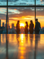 As the sun sets, silhouettes of people stand by large windows, admiring a stunning panoramic view of the city skyline illuminated by warm colors