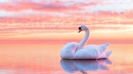 Fototapeta premium Sleeping bag arranged as a swan on a lake shore, sunset reflection, sleeping bag, creative nature artistry