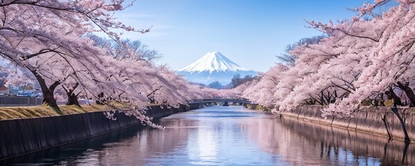 Cherry blossom trees lining a tranquil river with Mount Fuji in the background during springtime in Japan