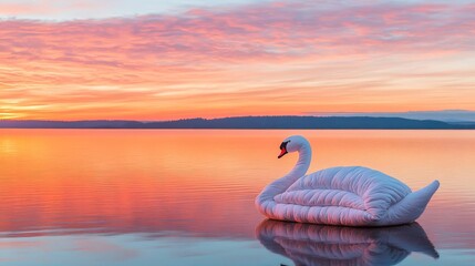 Fototapeta premium Sleeping bag arranged as a swan on a lake shore, sunset reflection, sleeping bag, creative nature artistry