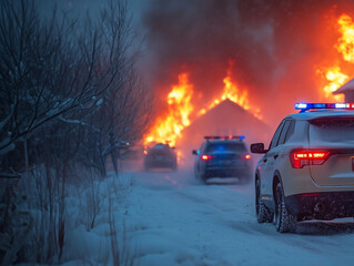 Firefighters and police work diligently to control a large fire engulfing a building amid heavy snow, while police vehicles stand by, providing support and safety