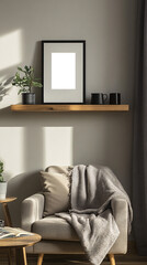 Minimalist, cozy living room corner with modern wooden furniture, armchair, potted plant and decorative empty transparent frame highlighting a calm and neutral-toned interior 