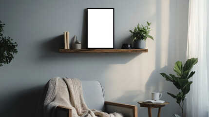 Minimalist, cozy living room corner with modern wooden furniture, armchair, potted plant and decorative empty transparent frame highlighting a calm and neutral-toned interior 