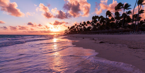 Atlantic Ocean panoramic view on a sunrise, Bavaro beach, Dominican Republic
