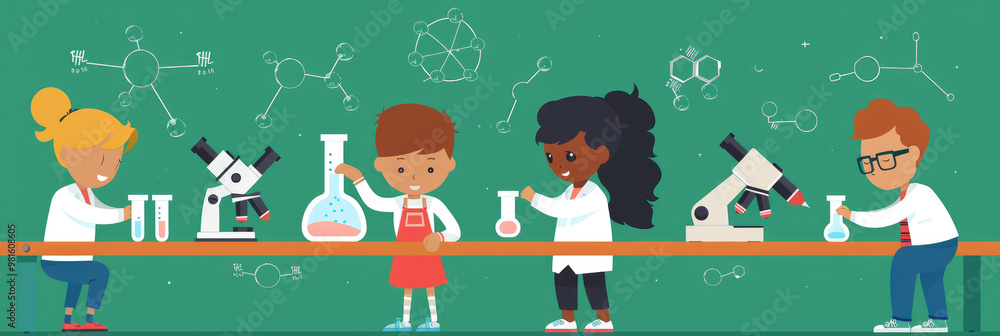 Poster a group of children enthusiastically conducts science experiments using microscopes and colorful gla