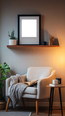 Minimalist, cozy living room corner with modern wooden furniture, armchair, potted plant and decorative empty transparent frame highlighting a calm and neutral-toned interior 